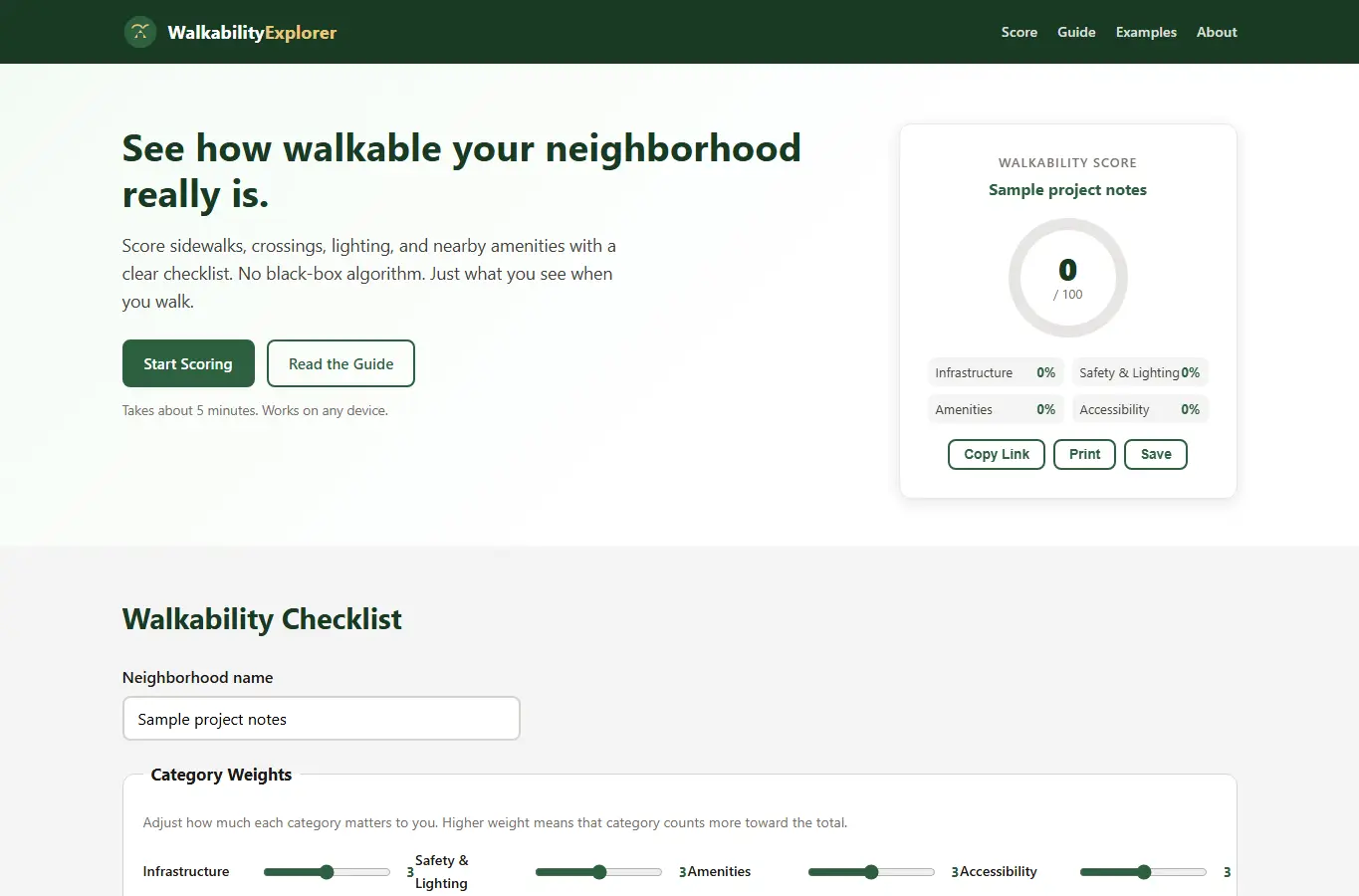 Screenshot of Neighborhood Walkability Score Explorer interface showing the project page in use